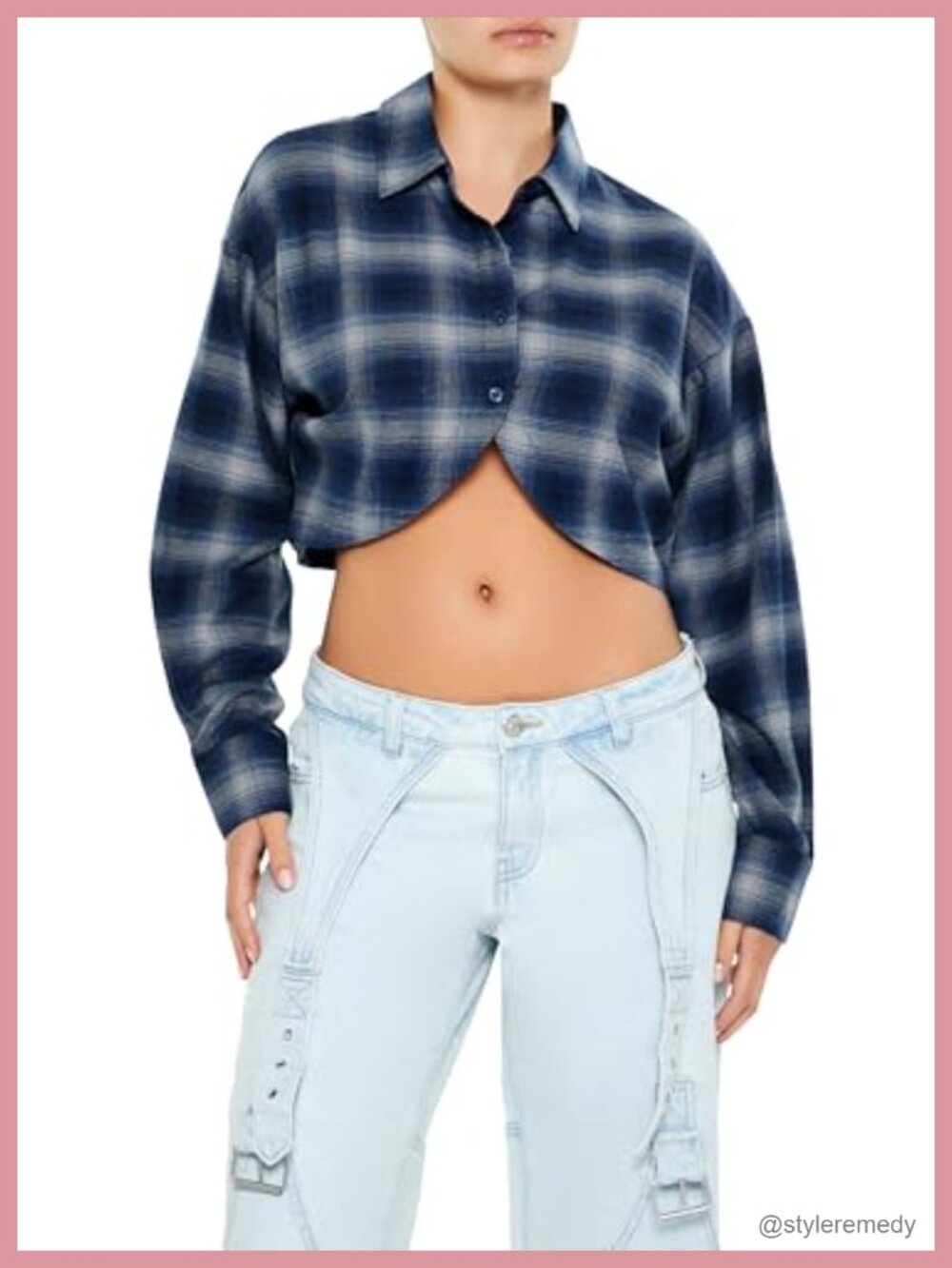 Cropped Plaid Flannel Shirt Long Sleeve Button Front